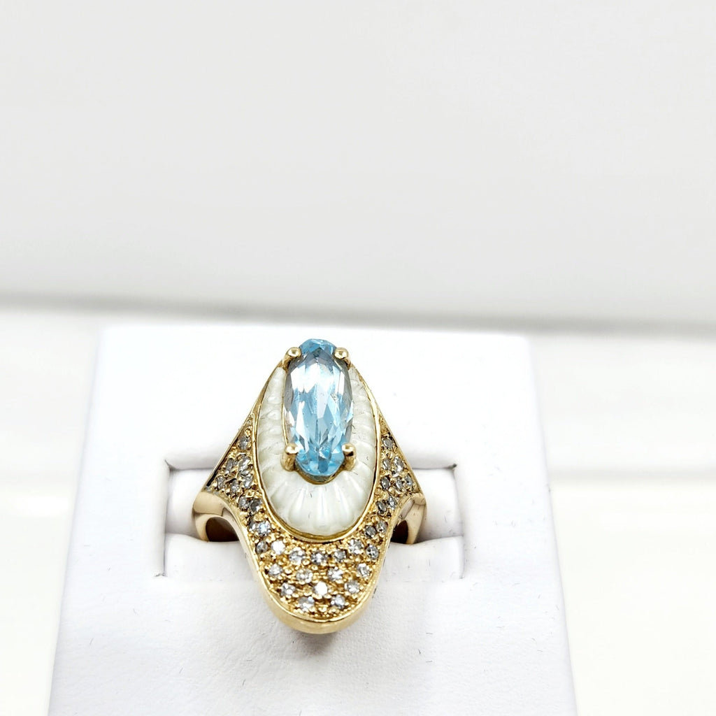 14k gold Vintage 80s Artis  Erte  Alouette Azure Topaz Diamond mother of Pearl Ring